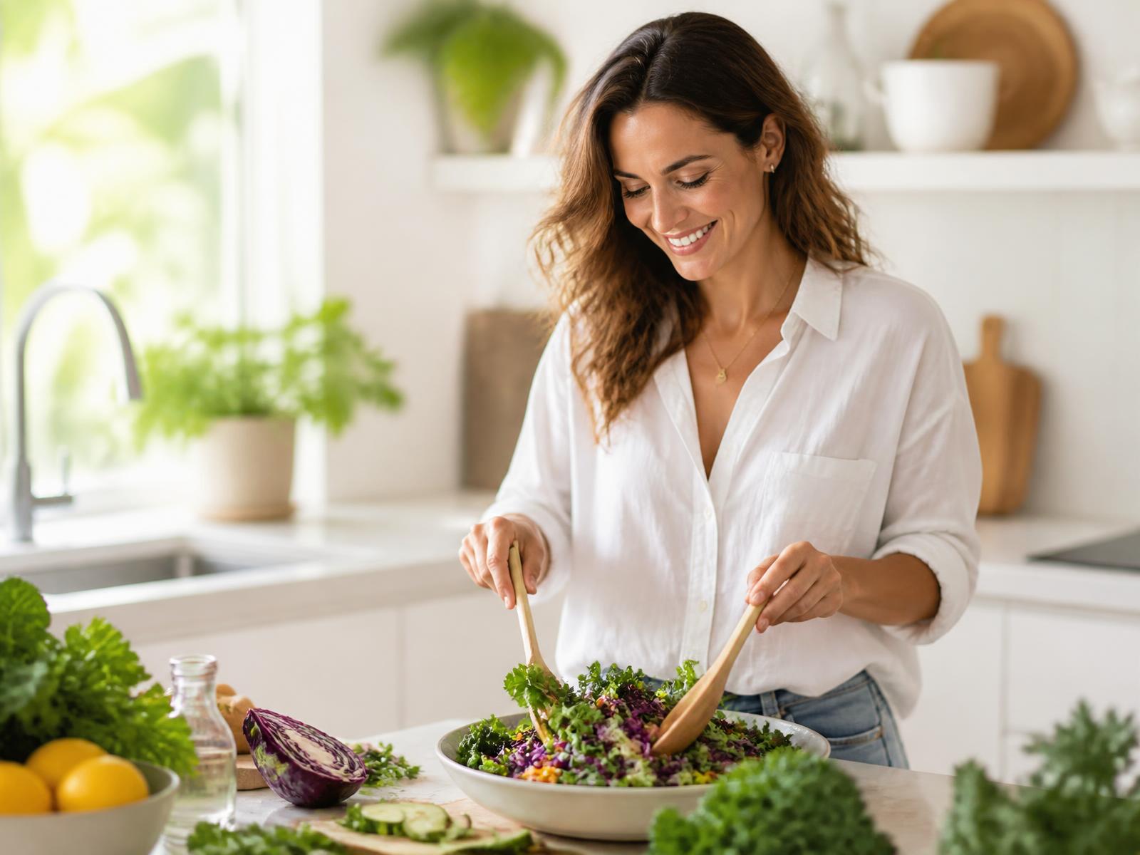 Vrouw bereidt een verse, gezonde salade in een lichte keuken